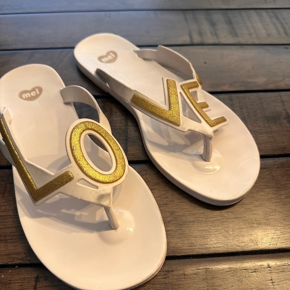 Bridal Thong Sandals with Gold LOVE Detail
